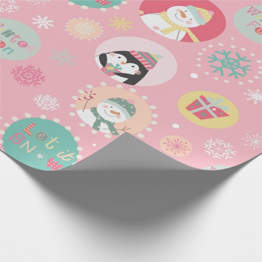 Niedlich Pink Snowman & Pinguin Kinder Weihnachten Geschenkpapier (Ecke)