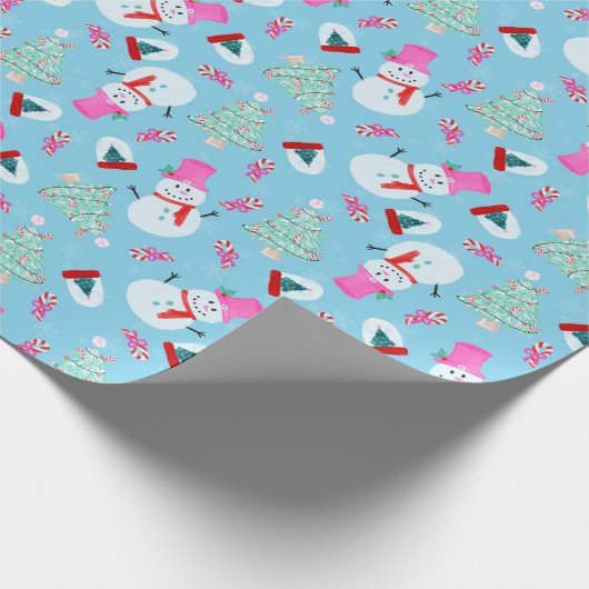 Niedlich Pink Snowman Weihnachtsbaum Winter Blau Geschenkpapier (Ecke)