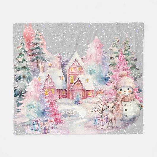 Niedlich Pink Snowman Winter Wonderland Fleecedecke (Vorderseite (Horizontal))
