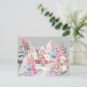 Niedlich Pink Snowman Winter Wonderland Postkarte (Stehend Vorderseite)