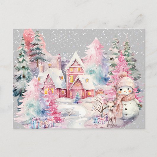 Niedlich Pink Snowman Winter Wonderland Postkarte (Vorderseite)