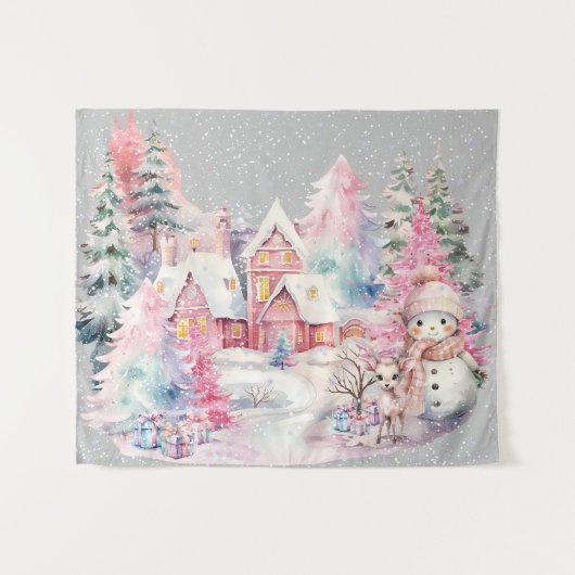 Niedlich Pink Snowman Winter Wonderland Wandteppich (Vorderseite (Horizontal))