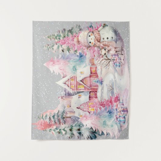Niedlich Pink Snowman Winter Wonderland Wandteppich (Vorderseite)