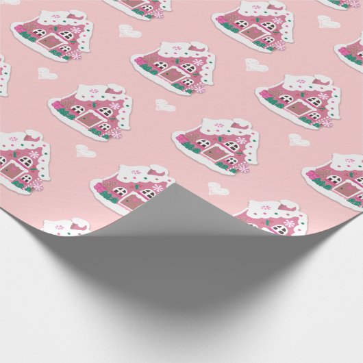 Niedlich Pink Snowy Gingerbread House and Hearts Geschenkpapier (Ecke)