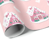 Niedlich Pink Snowy Gingerbread House and Hearts Geschenkpapier (Rolleneckpunkt)