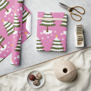 Niedlich Pink & Snowy Trees Wald Weihnachtsfeierta Geschenkpapier