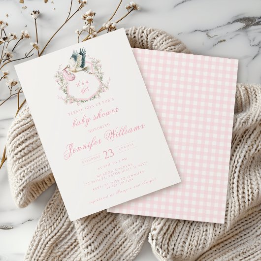 Niedlich Pink Stork Wappen Baby Dusche Mädchen Ein Einladung