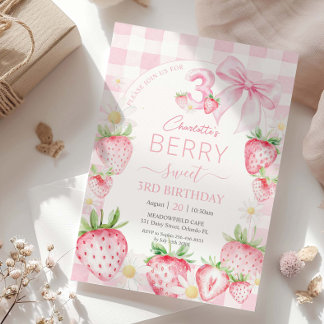 Niedlich Pink Strawberries Berry Sweet 3. Geburtst Einladung