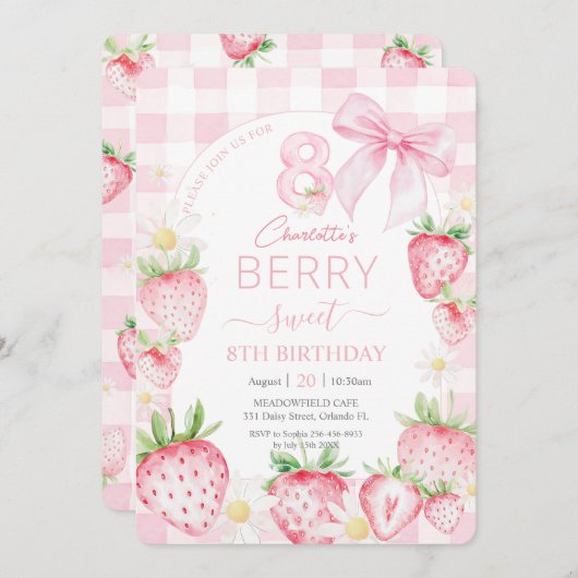Niedlich Pink Strawberries Berry Sweet 8. Geburtst Einladung (Vorne/Hinten)