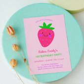 Niedlich Pink Strawberry 1. Geburtstag Party Baby Einladung