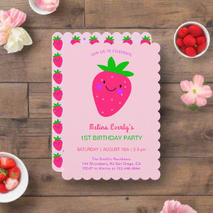 Niedlich Pink Strawberry 1. Geburtstag Party Baby Einladung