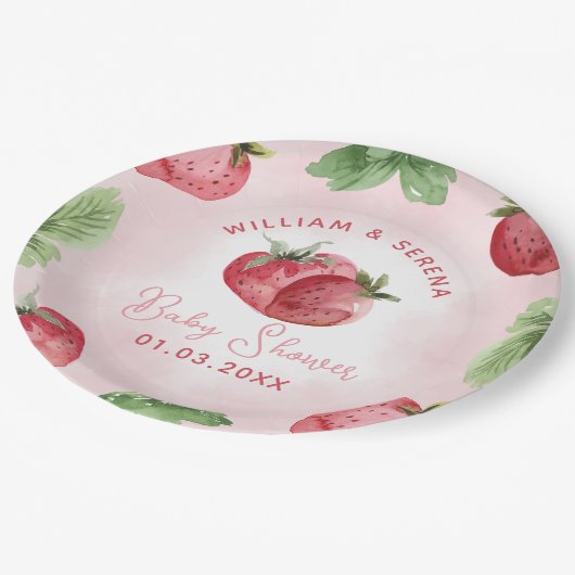 Niedlich Pink Strawberry Baby Dusche Pappteller (Schrägansicht)