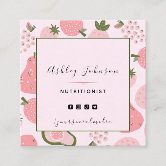 Niedlich Pink Summer Frucht Berry Pattern Nutritio Quadratische Visitenkarte (Vorderseite)