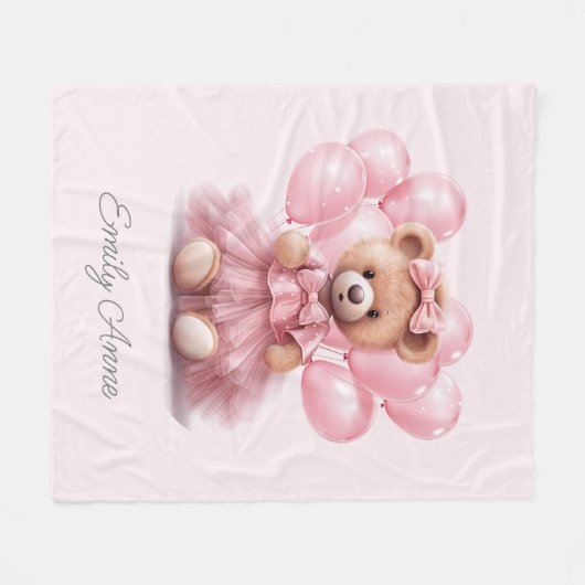 Niedlich Pink Teddy Bären Balloons Kindername Fleecedecke (Vorderseite (Horizontal))