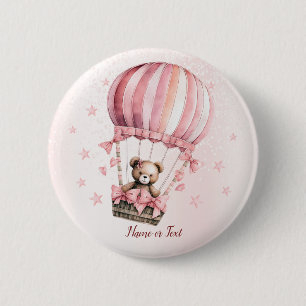 Niedlich Pink Teddy Bear Heißluftballon Party Button