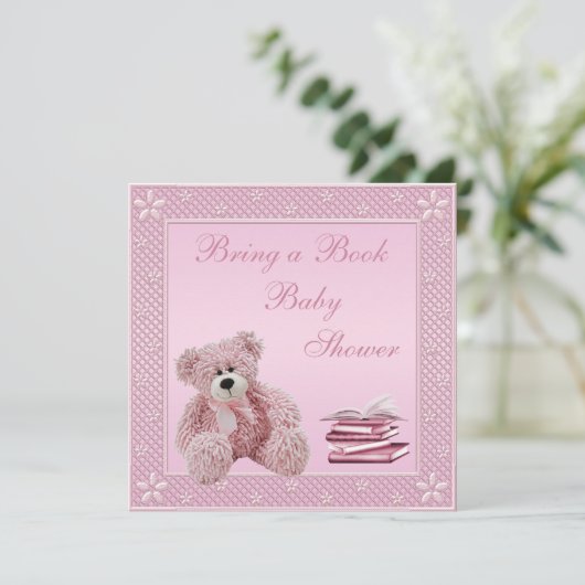 Niedlich Pink Teddy Bringen Sie eine Bücherdusche  Einladung (Stehend Vorderseite)