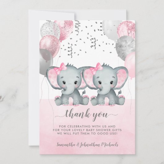Niedlich Pink Twin Girl Elephant Balloons Babydusc Dankeskarte (Vorderseite)