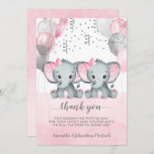 Niedlich Pink Twin Girl Elephant Balloons Babydusc Dankeskarte (Vorne/Hinten)