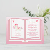 Niedlich Pink Unicorn Buch Thema Mädchen Kinderdus Einladung (Stehend Vorderseite)