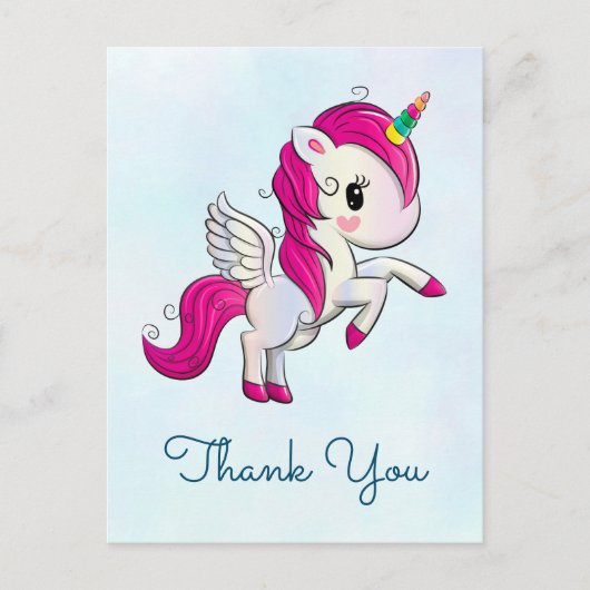 Niedlich Pink Unicorn mit Flügeln Vielen Dank Postkarte (Vorderseite)