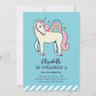 Niedlich Pink Unicorn Rainbow Blue Girl Geburtstag Einladung