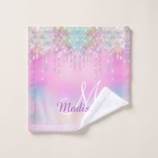 Niedlich Pink Unicorn Rainbow Glitzer Tropfen Mono Badhandtuch Set (Waschlappen)