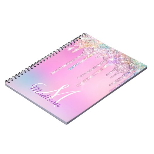 Niedlich Pink Unicorn Rainbow Glitzer Tropfen Mono Notizblock (Linke Seite)