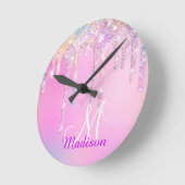 Niedlich Pink Unicorn Rainbow Glitzer Tropfen Mono Runde Wanduhr (Winkel)