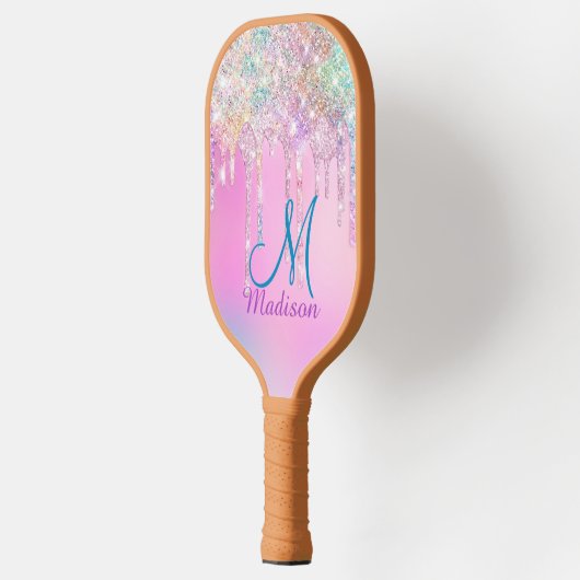 Niedlich Pink Unicorn Rainbow Glitzer Tropfen Pickleball Schläger (Links)