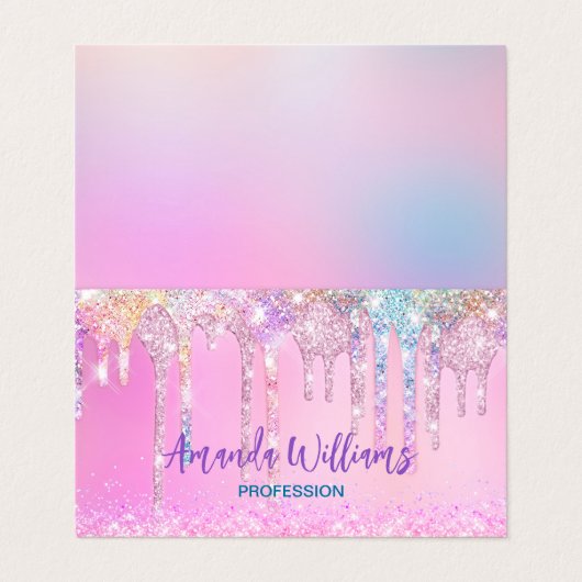 Niedlich Pink Unicorn Rainbow Glitzer Tropfen Visitenkarten (Außenseite Aufgefaltet)