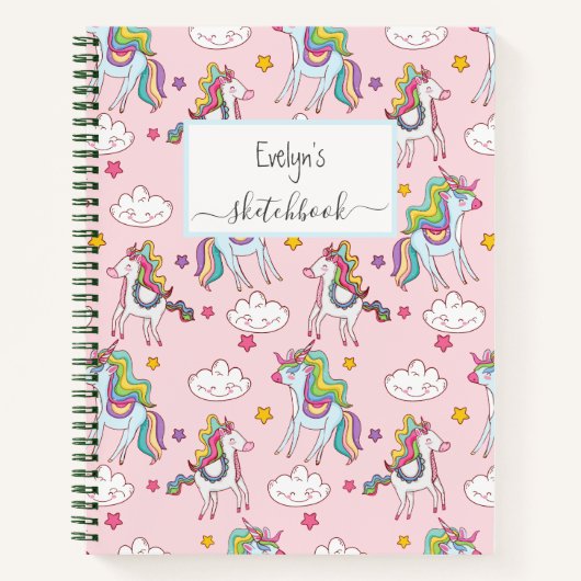 Niedlich Pink Unicorn Rainbow Sketchbook Ihr Name Notizblock (Vorderseite)