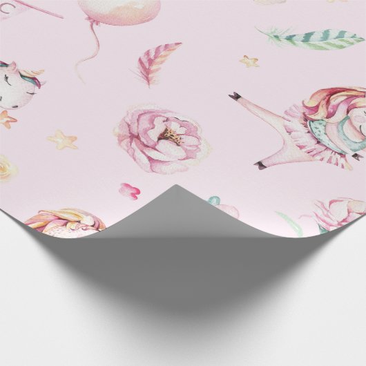 Niedlich Pink Unicorns Boho Floral Baby Dusche Geschenkpapier (Ecke)