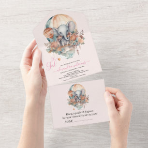 Niedlich Pink Watercolor Air Ballon Elephant Baby  All In One Einladung