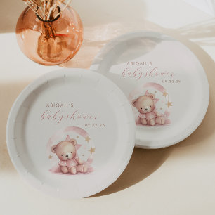 Niedlich Pink Watercolor Bear Girl Babydusche Pappteller