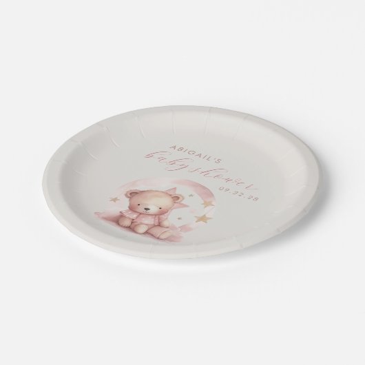 Niedlich Pink Watercolor Bear Girl Babydusche Pappteller (Schrägansicht)