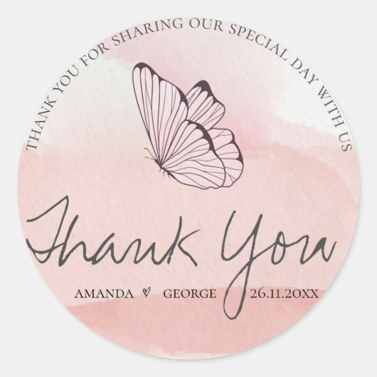 Niedlich Pink Watercolor Butteryfly Wedding Danke Runder Aufkleber (Vorderseite)