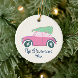 Niedlich Pink Watercolor Car Xmas Tree Personalisi Keramik Ornament