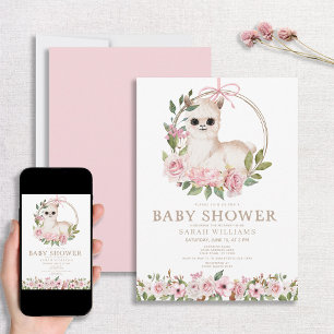 Niedlich Pink Watercolor Floral Llama Babydusche Einladung