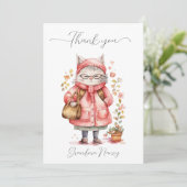 Niedlich Pink Watercolor Grandma Cat Floral Dankeskarte (Stehend Vorderseite)