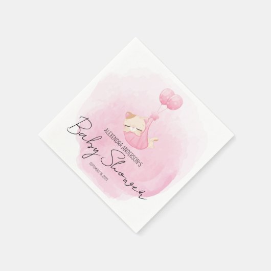 Niedlich Pink Watercolor Kitten Baby Dusche Serviette (Ecke)