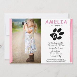 Niedlich Pink Watercolor Paw Foto Geburtstagsparty Einladung