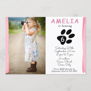 Niedlich Pink Watercolor Paw Foto Geburtstagsparty Einladung