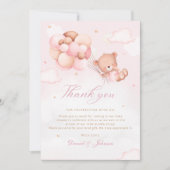 Niedlich Pink Watercolor Teddy Bear Girl Babydusch Dankeskarte (Vorderseite)