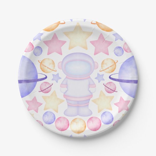 Niedlich Pink Watercolor Weltraum Astronauten Gebu Pappteller (Vorderseite)
