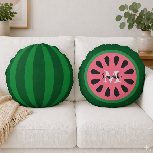 Niedlich Pink Watermelon Monogram Rundes Kissen