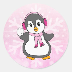 Niedlich Pink Weihnachten Penguin mit Schneeballur Runder Aufkleber