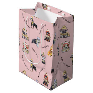 Niedlich Pink Weihnachts-Hunde Muster Illustriert Mittlere Geschenktüte