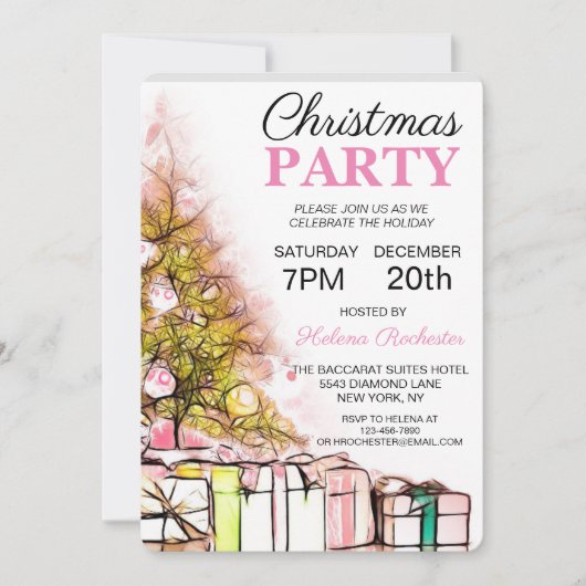 Niedlich Pink Weihnachtsbaum & Presentage Einladung (Vorderseite)