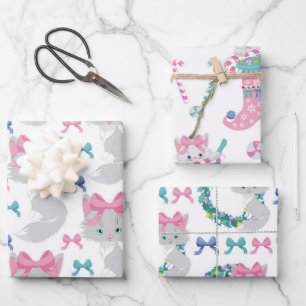 Niedlich Pink Weihnachtskatzen Geschenkpapier Set