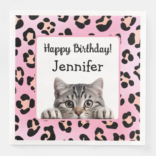 Niedlich Pink Whimsical Cat Birthday Paper Napkin Serviette (Vorderseite)